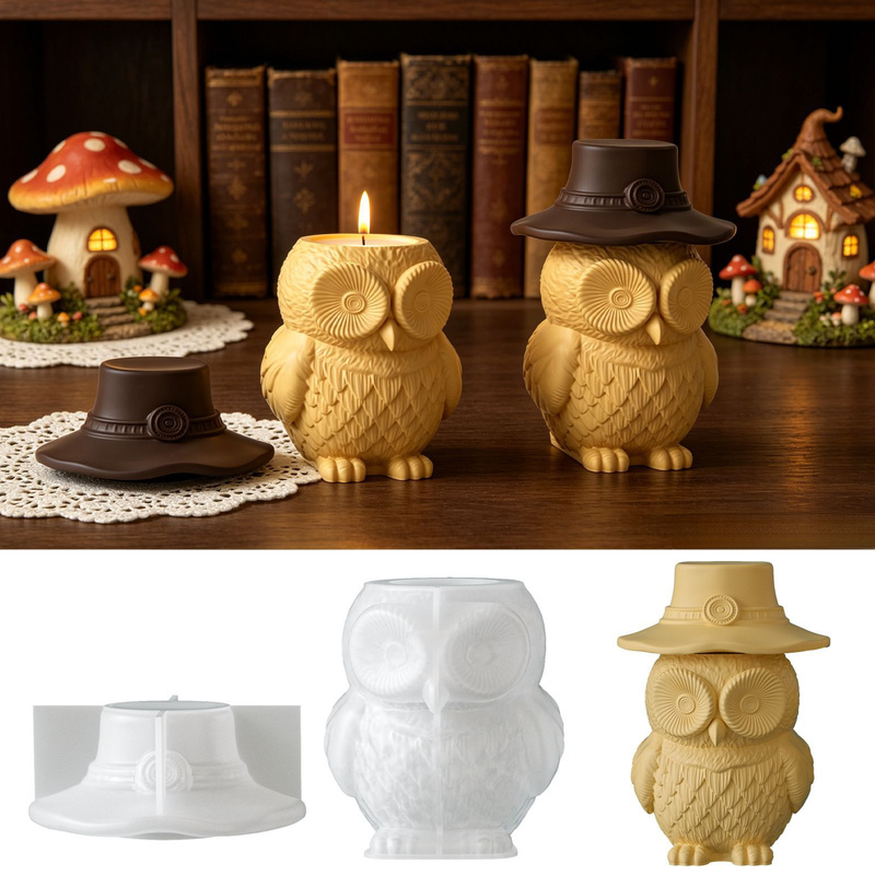 Candle Supplies Jars - 2'li set silikon kalıplar, kapaklı baykuş